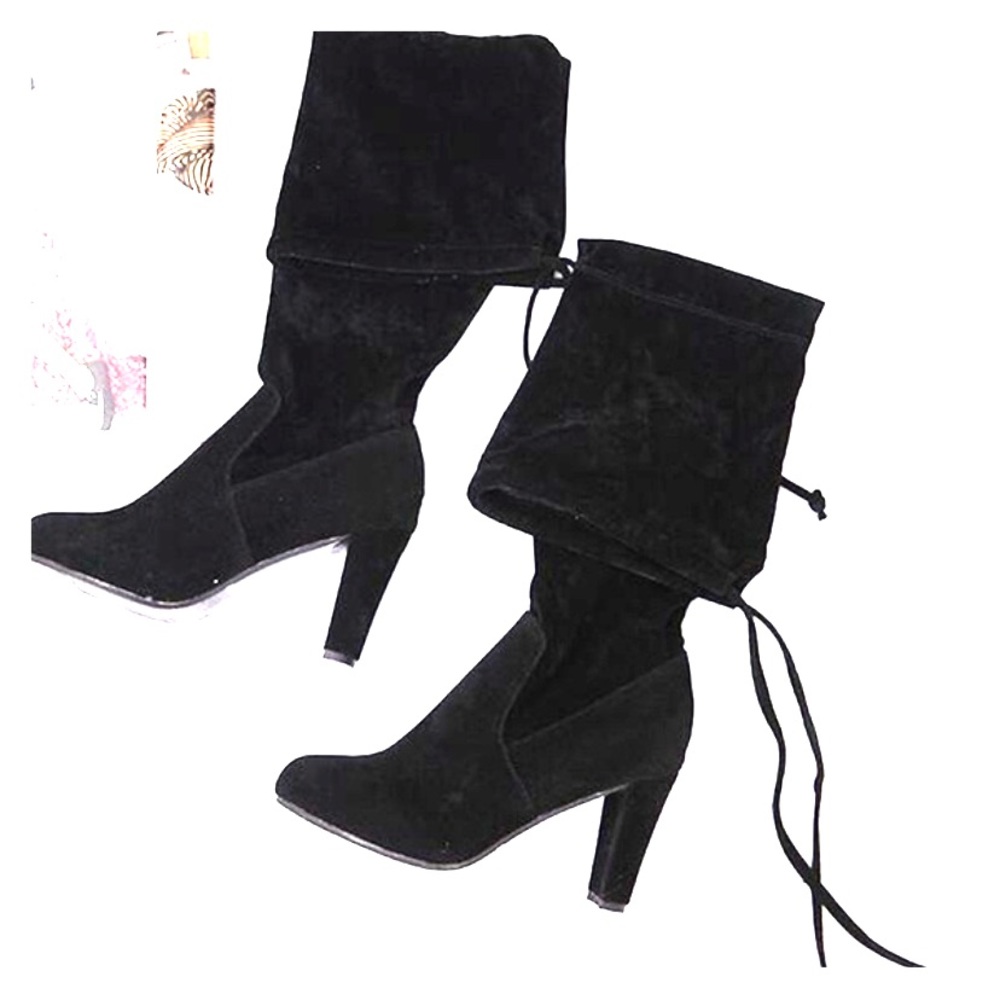 Over the knee black high heel velvet boots